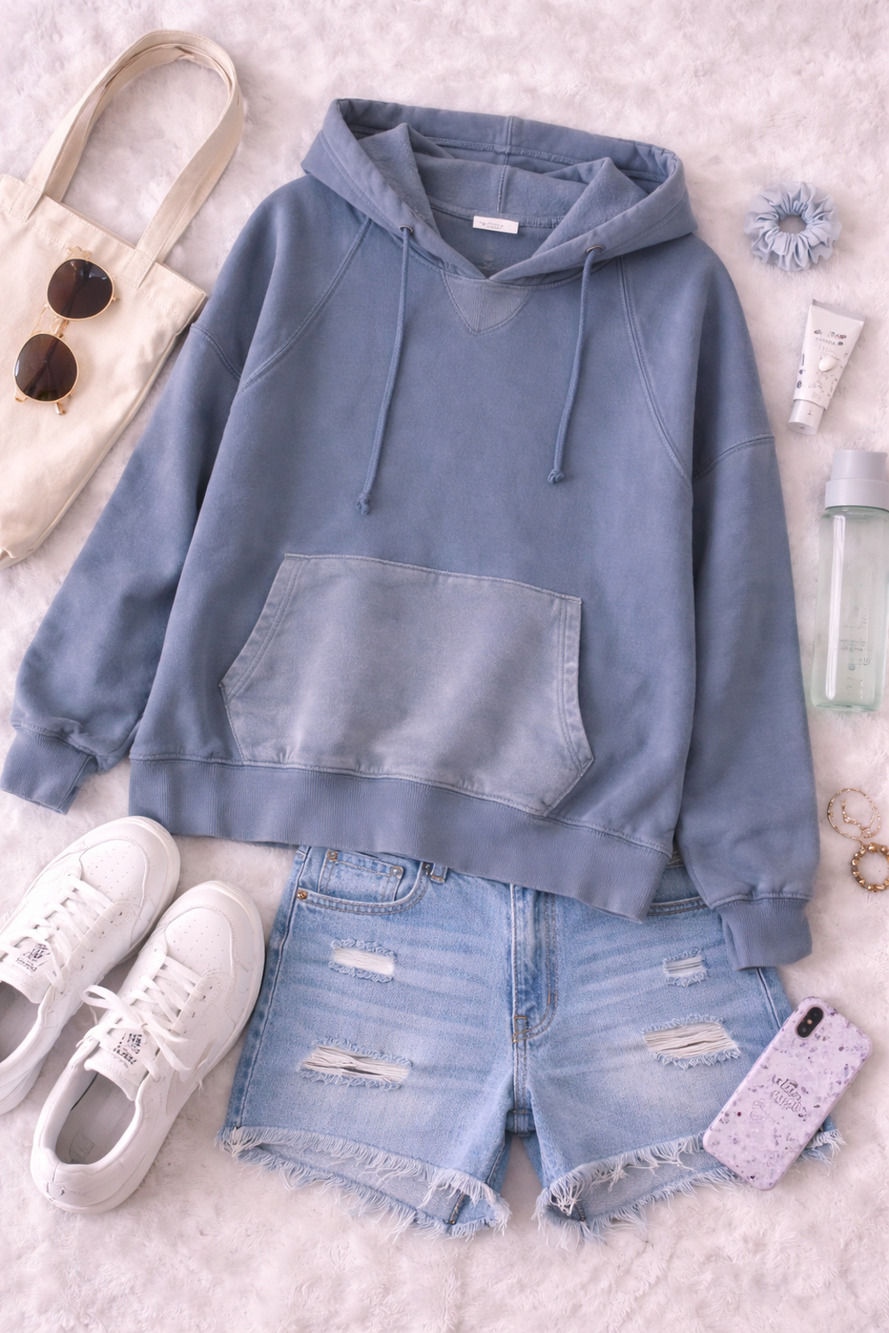 Aerie Women's Sun Washed Blue Split Neck Raw Hem Hoodie Sweatshirt Size M